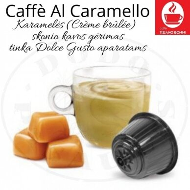 Caffe Bonini – Caffè Al Caramello – karameles (Crème brûlée) garšu Kafijas dzēriena kapsulas – sadērigas ar DOLCE GUSTO aparātiem