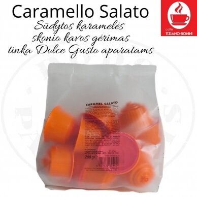 Caffe Bonini – Caramello Salato – Sūdytos karamelės skonio kavos gėrimo kapsulės – Dolce Gusto®* aparatams 1